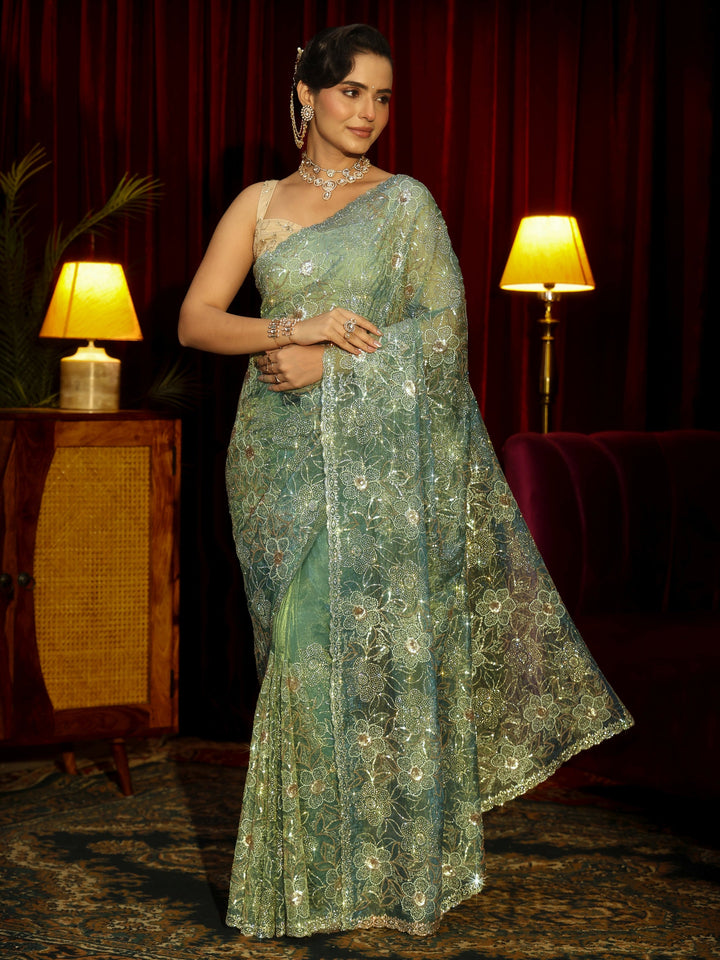 Libas Art Sea Green Floral Embellished Tissue Saree