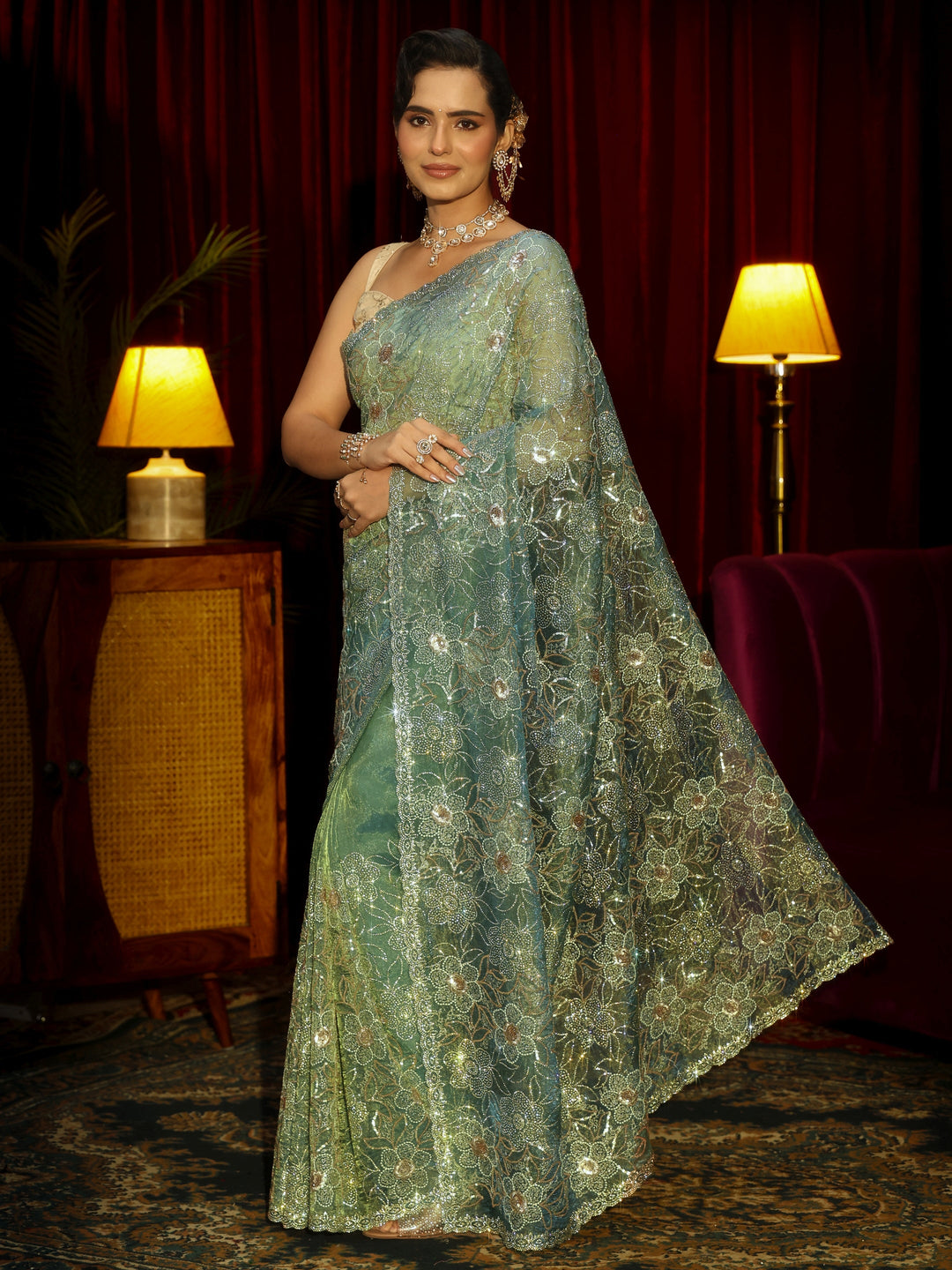 Libas Art Sea Green Floral Embellished Tissue Saree