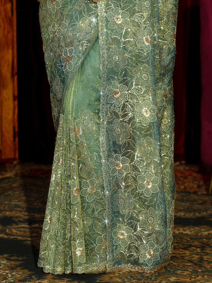 Libas Art Sea Green Floral Embellished Tissue Saree