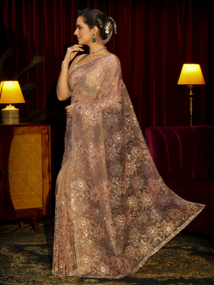 Libas Art Beige Floral Embellished Tissue Saree