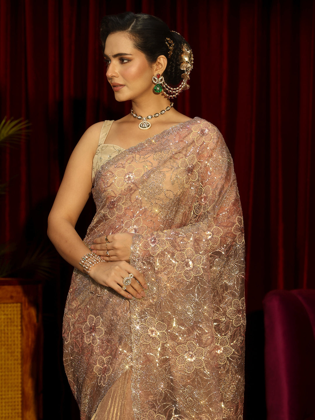 Libas Art Beige Floral Embellished Tissue Saree