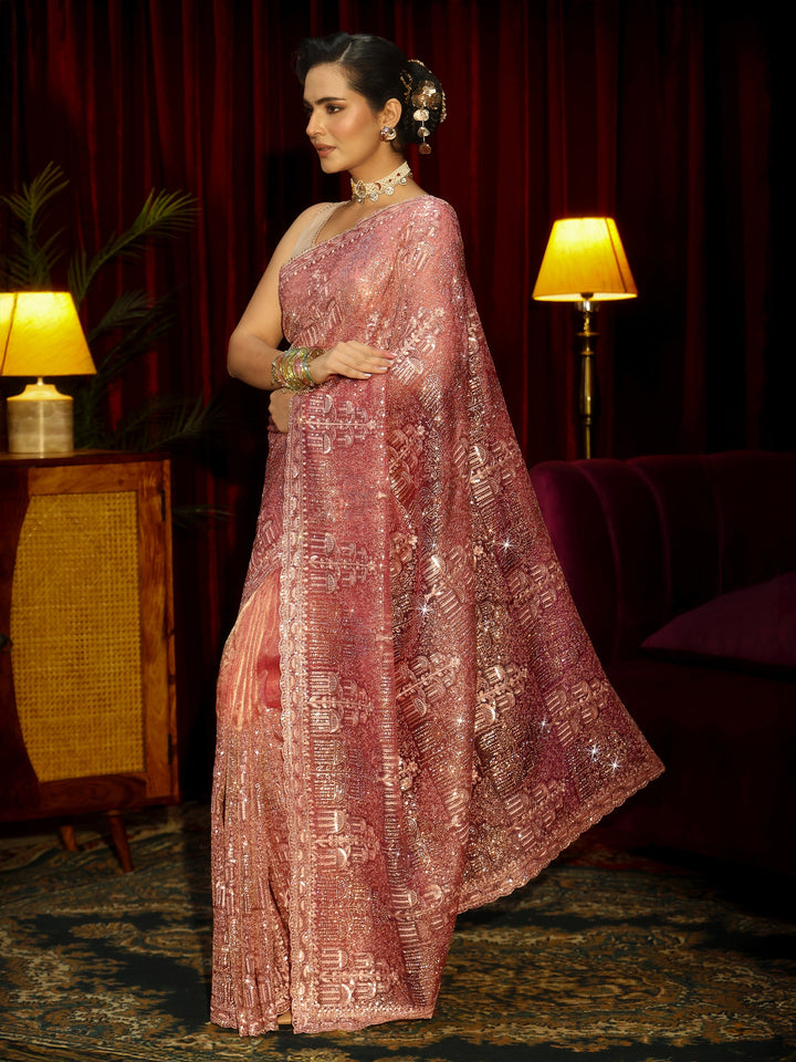 Libas Art Peach Pink Sequin Embellished Tissue Saree