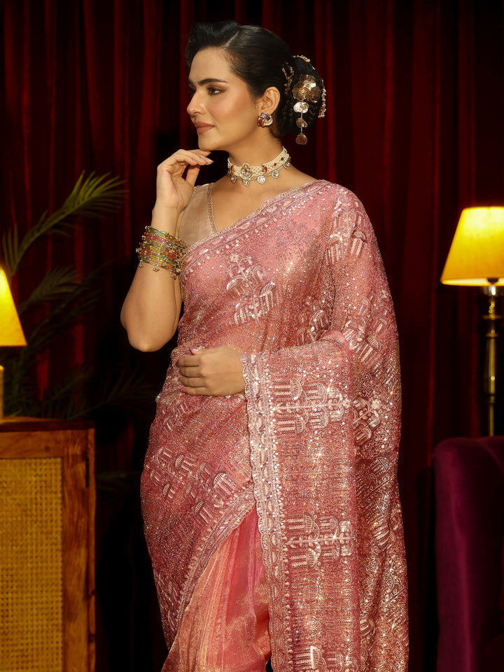 Libas Art Peach Pink Sequin Embellished Tissue Saree