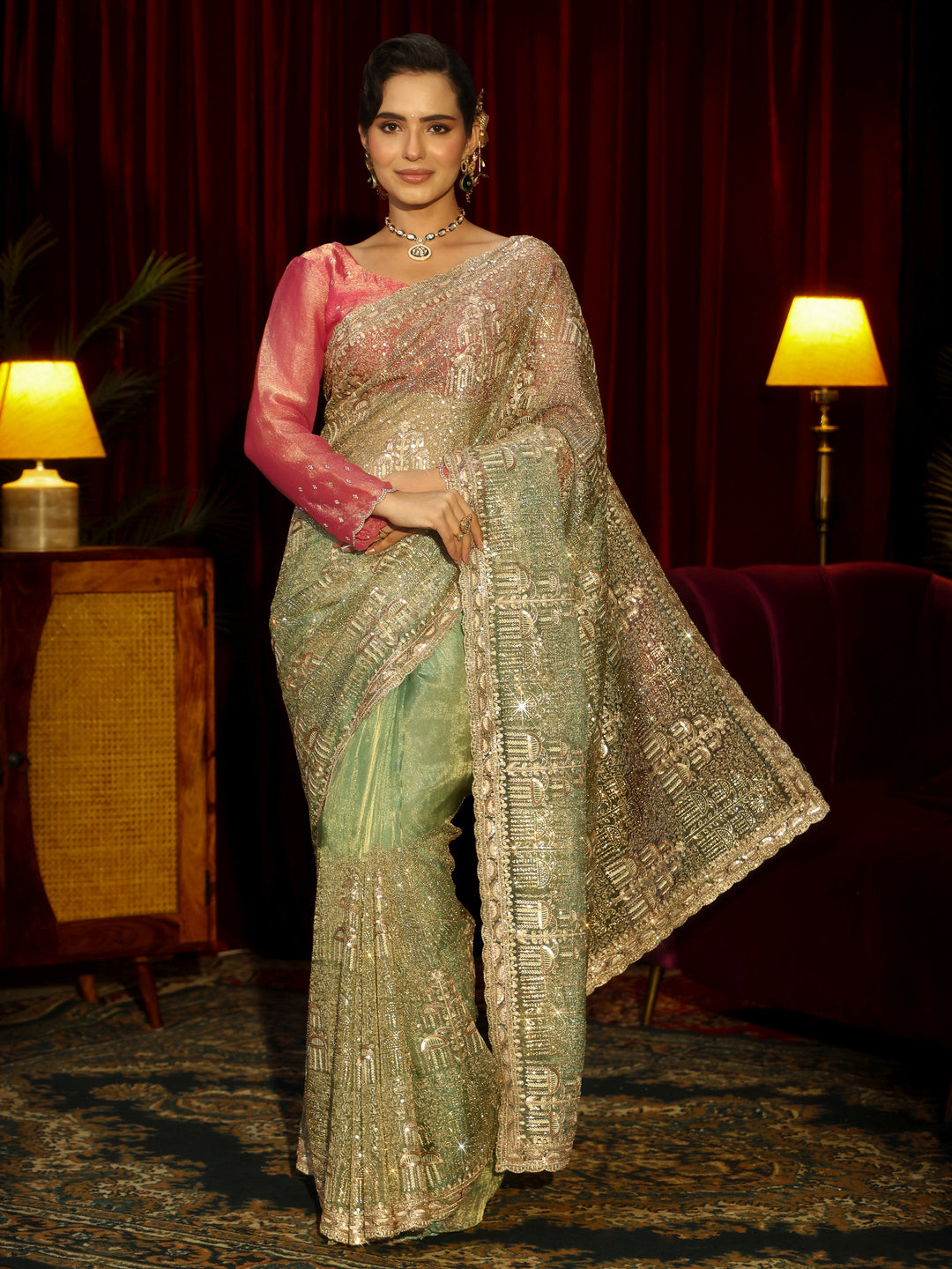 Libas Art Green Sequin Embellished Tissue Saree