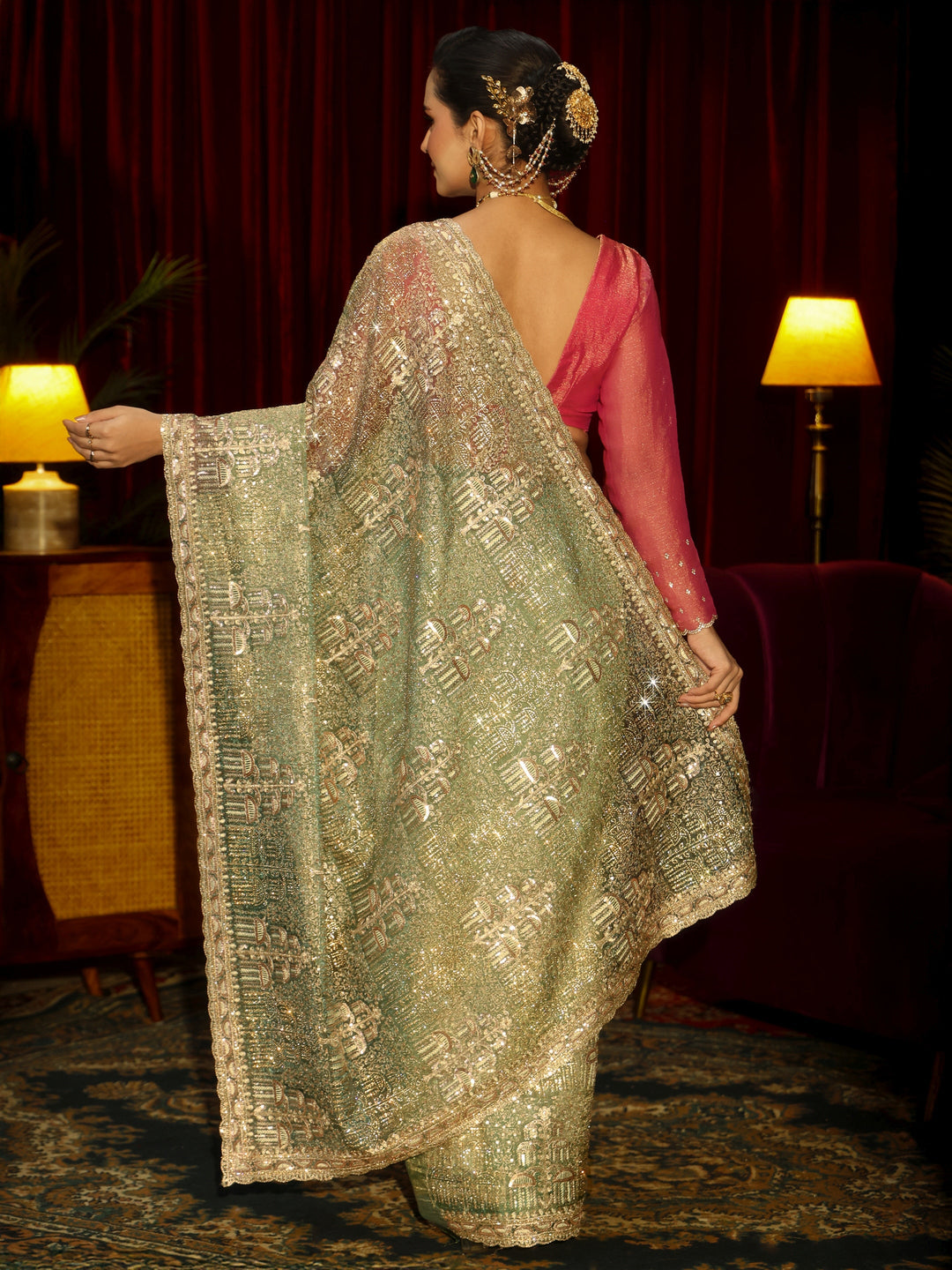 Libas Art Green Sequin Embellished Tissue Saree