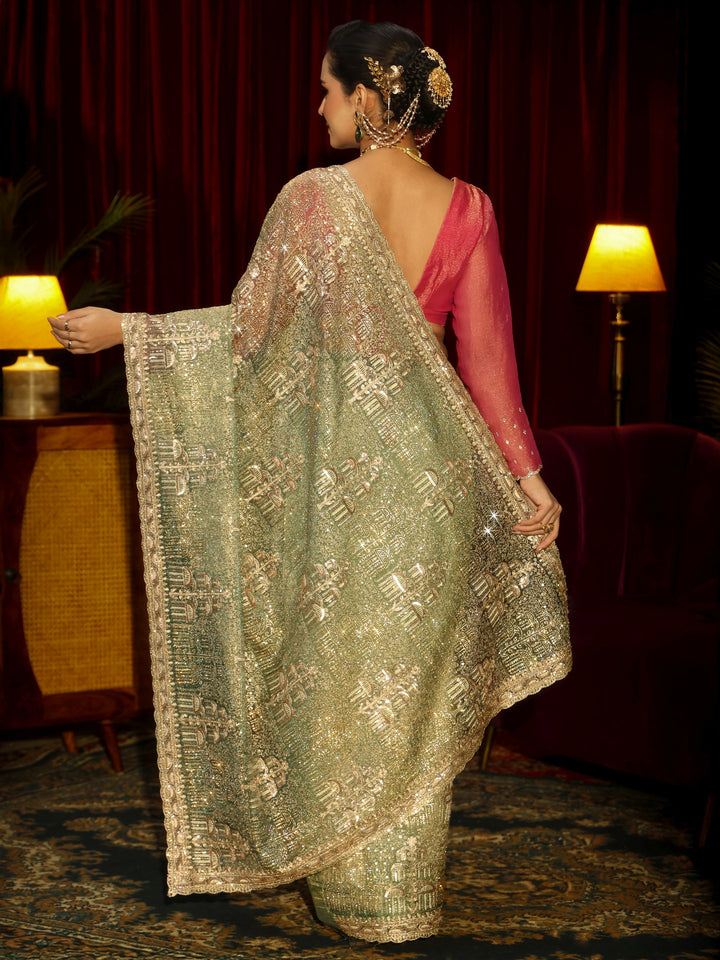 Libas Art Green Sequin Embellished Tissue Saree