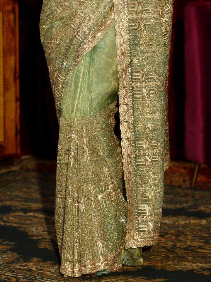 Libas Art Green Sequin Embellished Tissue Saree