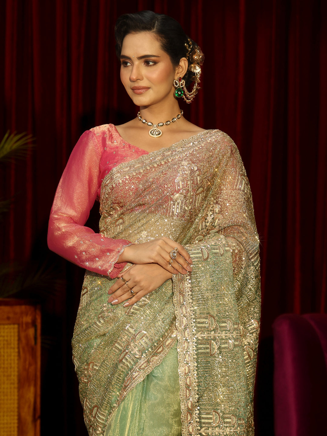 Libas Art Green Sequin Embellished Tissue Saree