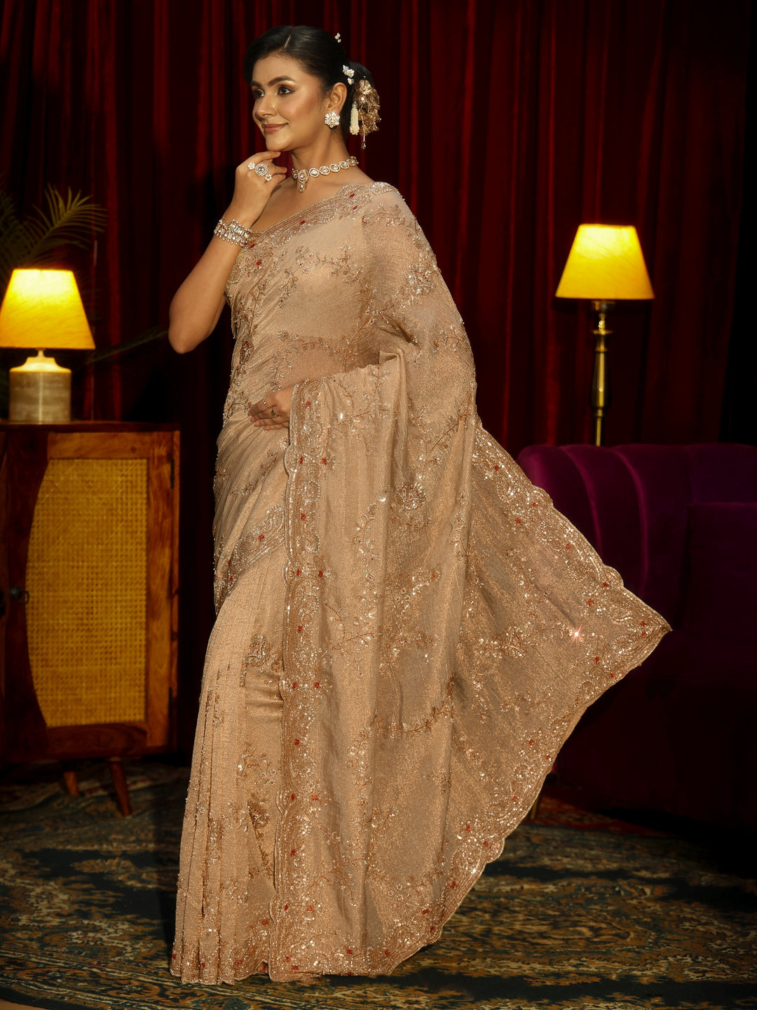 Libas Art Beige Floral Embellished Tissue Saree