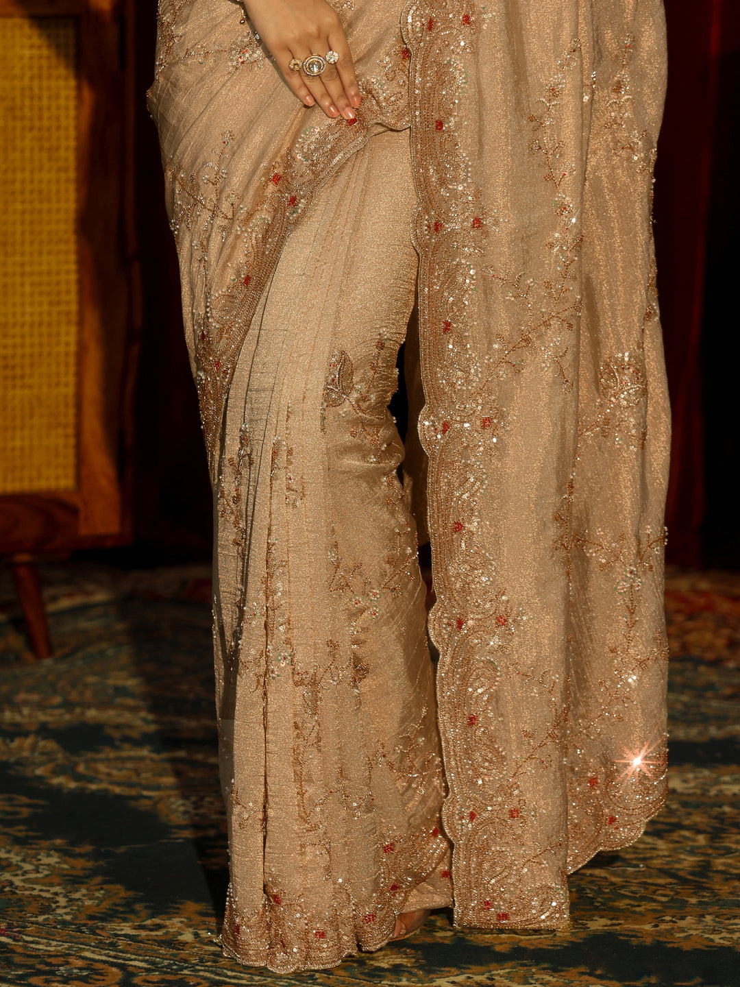 Libas Art Beige Floral Embellished Tissue Saree
