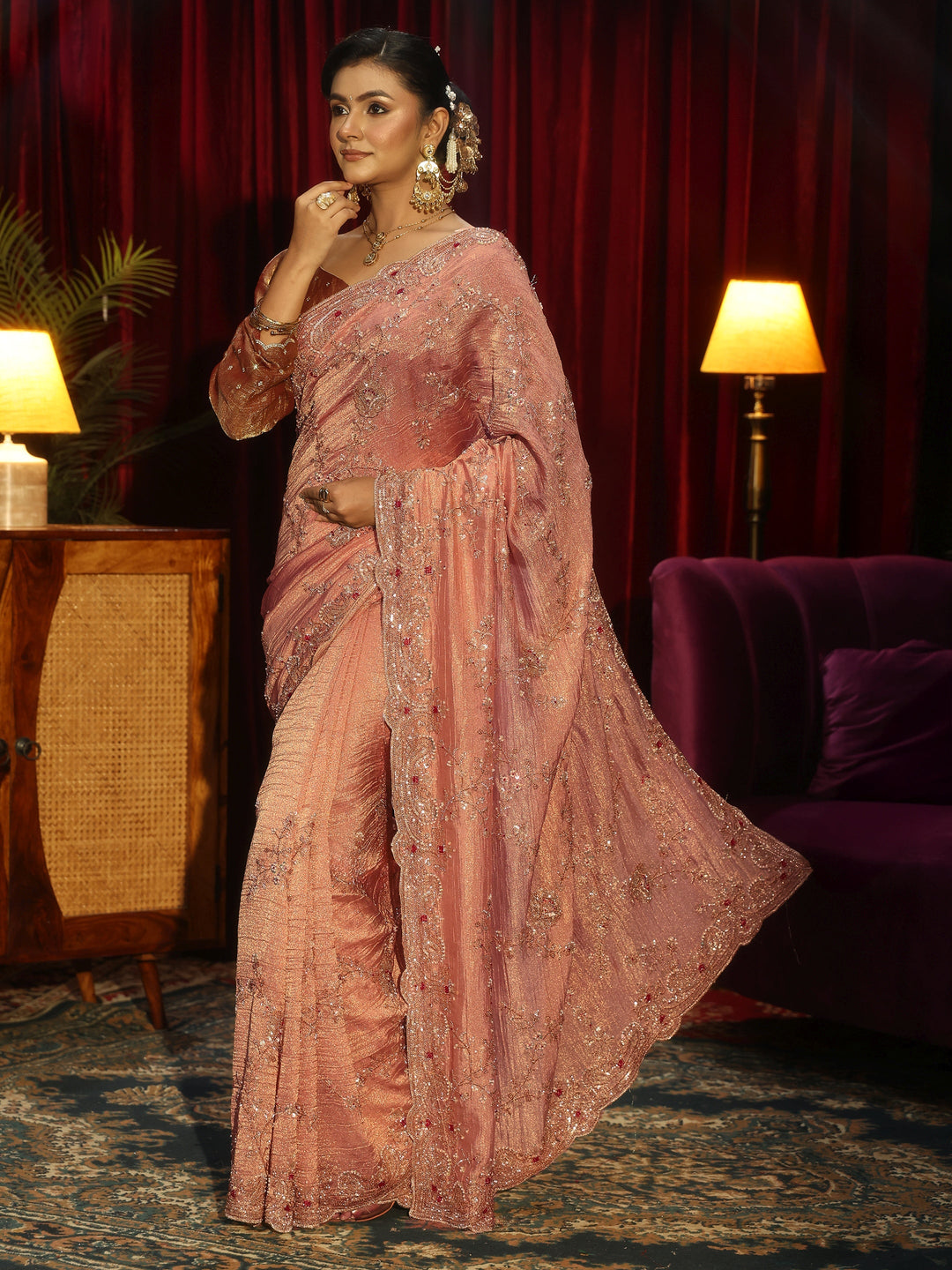 Libas Art Pink Floral Embellished Tissue Saree