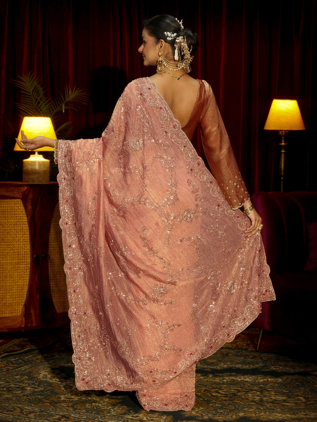Libas Art Pink Floral Embellished Tissue Saree