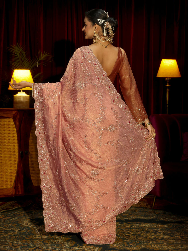 Libas Art Pink Floral Embellished Tissue Saree