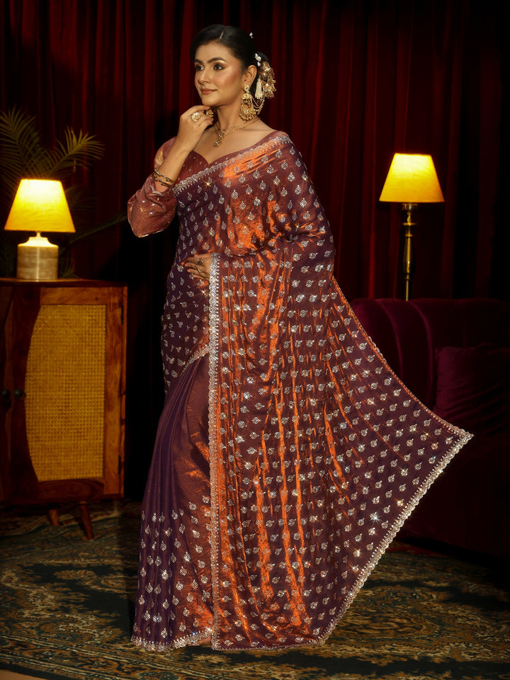 Libas Art Chocolate Brown Embellished Tissue Saree