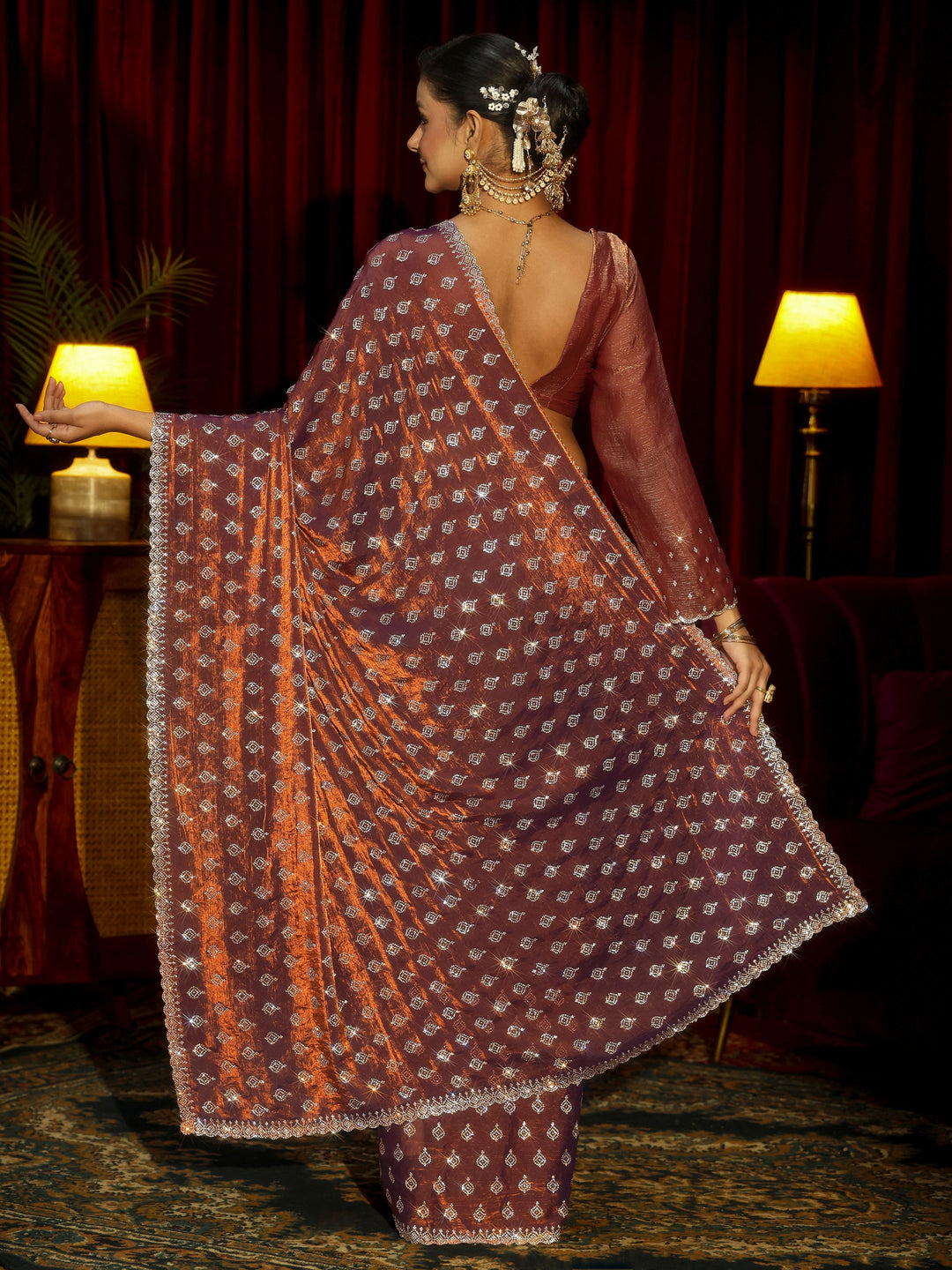 Libas Art Chocolate Brown Embellished Tissue Saree