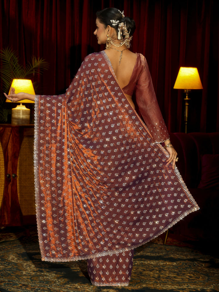 Libas Art Chocolate Brown Embellished Tissue Saree