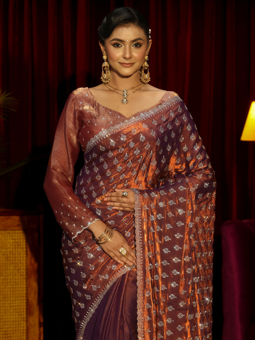 Libas Art Chocolate Brown Embellished Tissue Saree