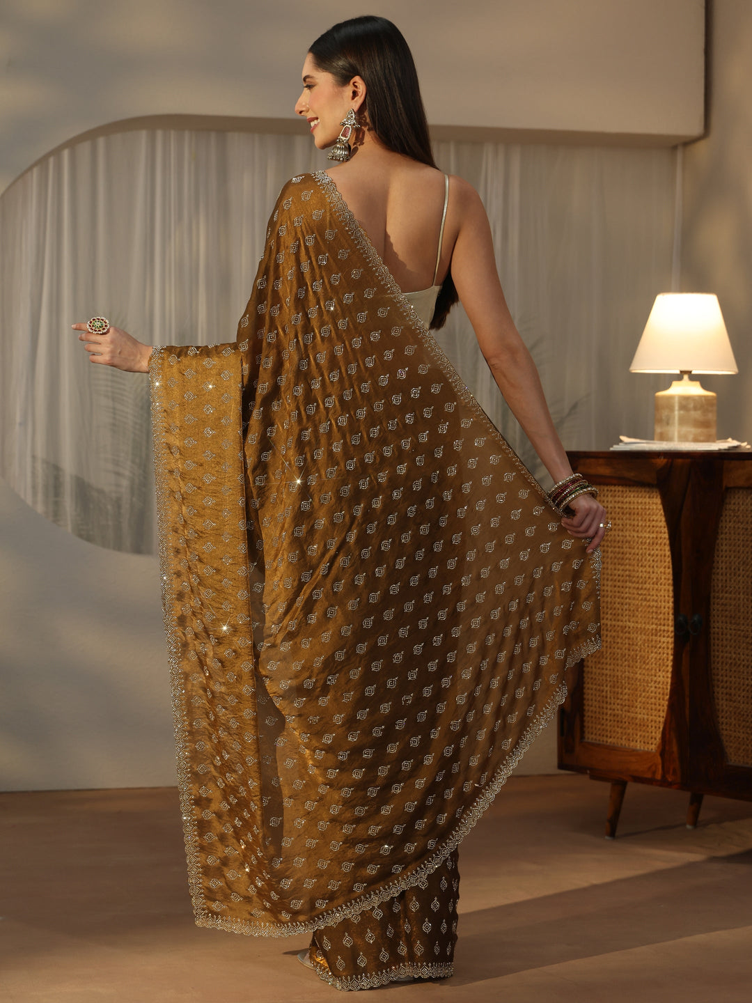 Libas Art Henna Green Embellished Tissue Saree