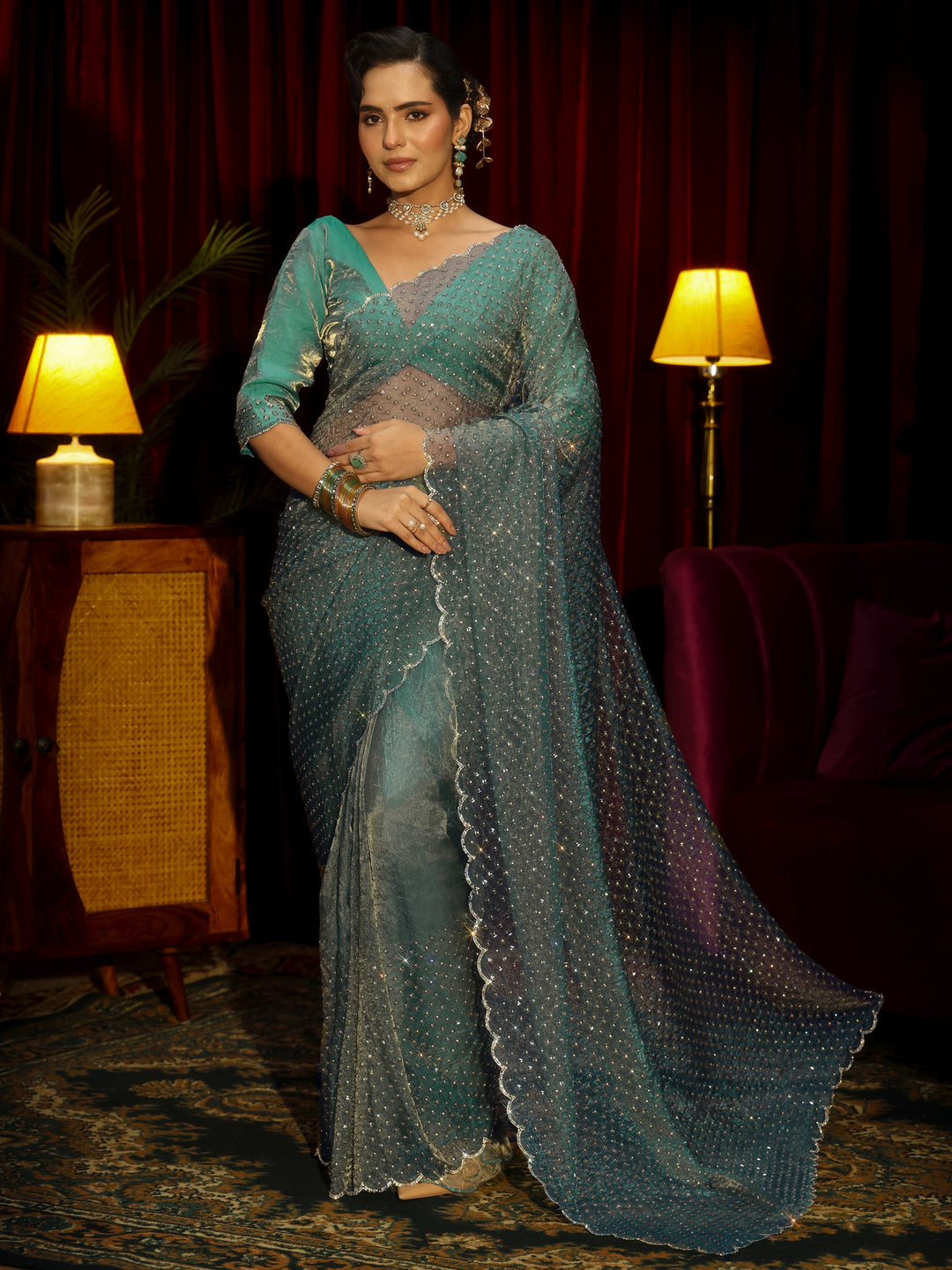 Libas Art Blue Embellished Tissue Saree