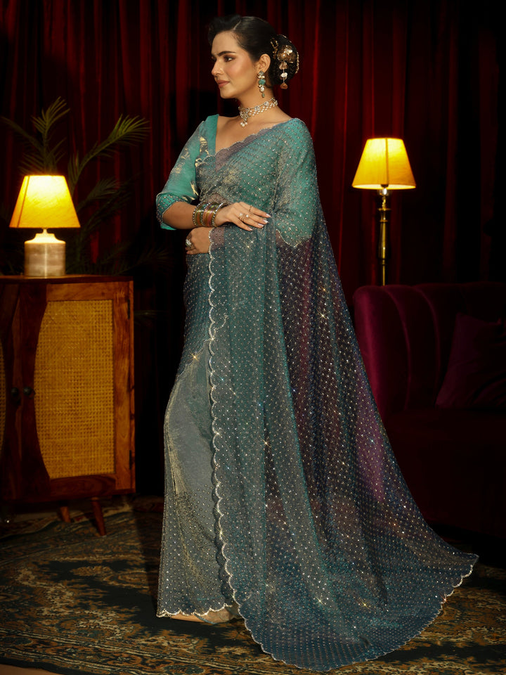 Libas Art Blue Embellished Tissue Saree