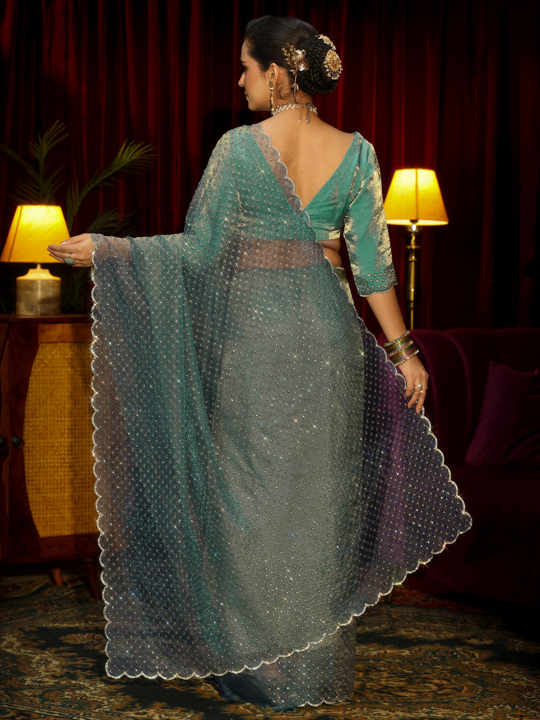 Libas Art Blue Embellished Tissue Saree