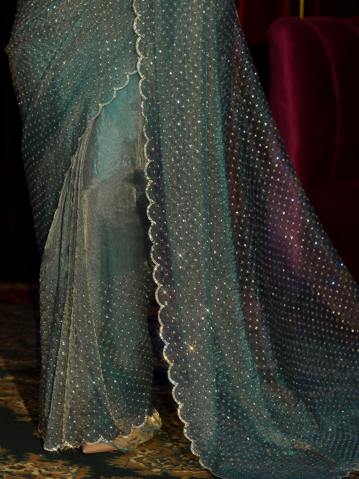 Libas Art Blue Embellished Tissue Saree