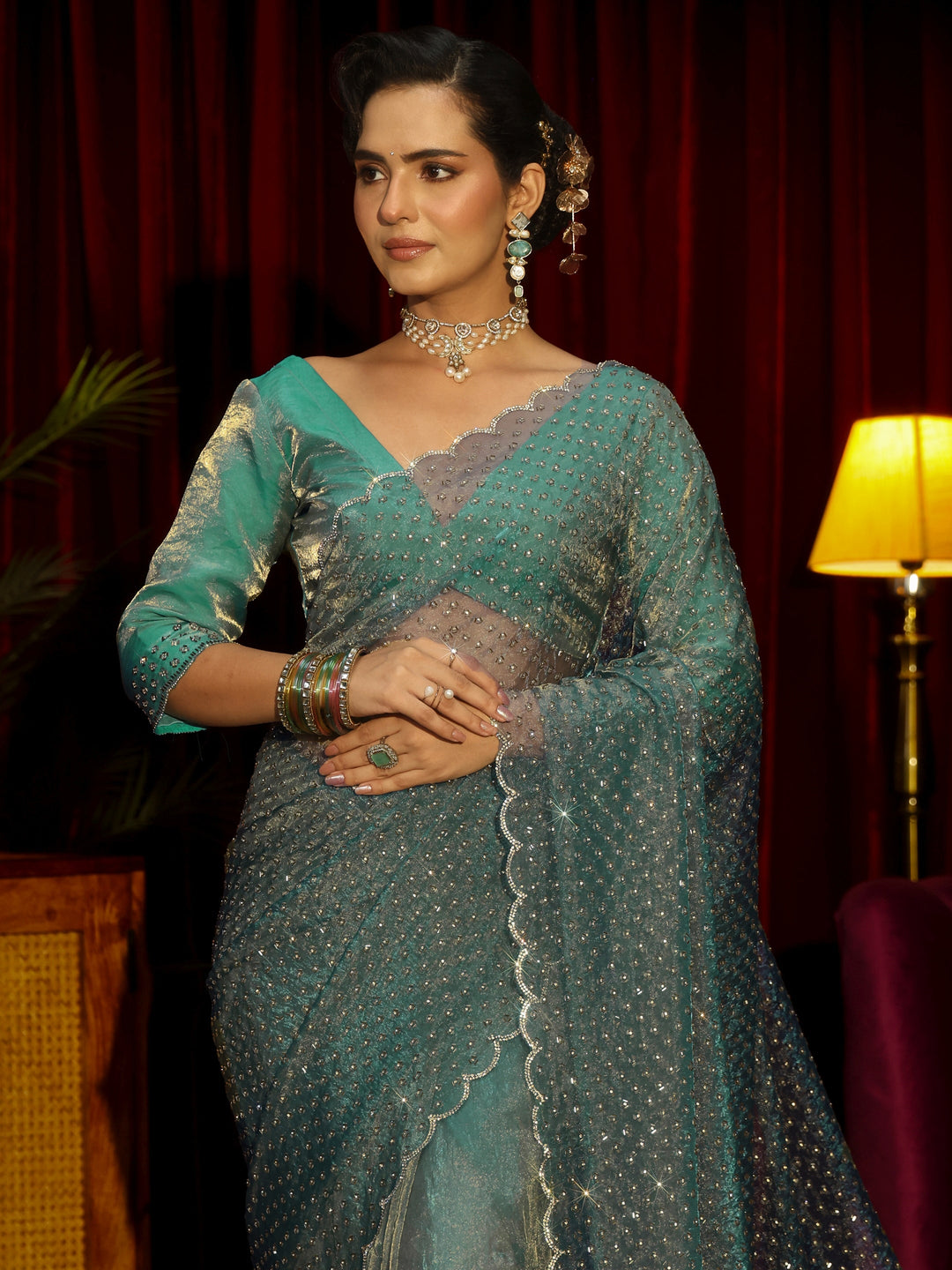 Libas Art Blue Embellished Tissue Saree