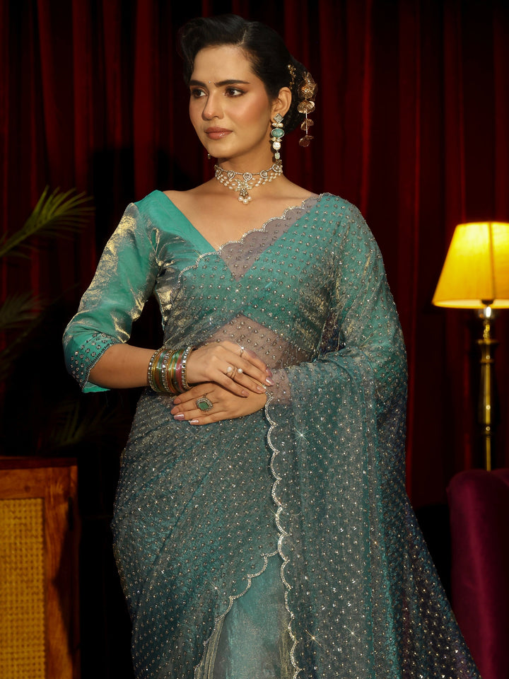 Libas Art Blue Embellished Tissue Saree