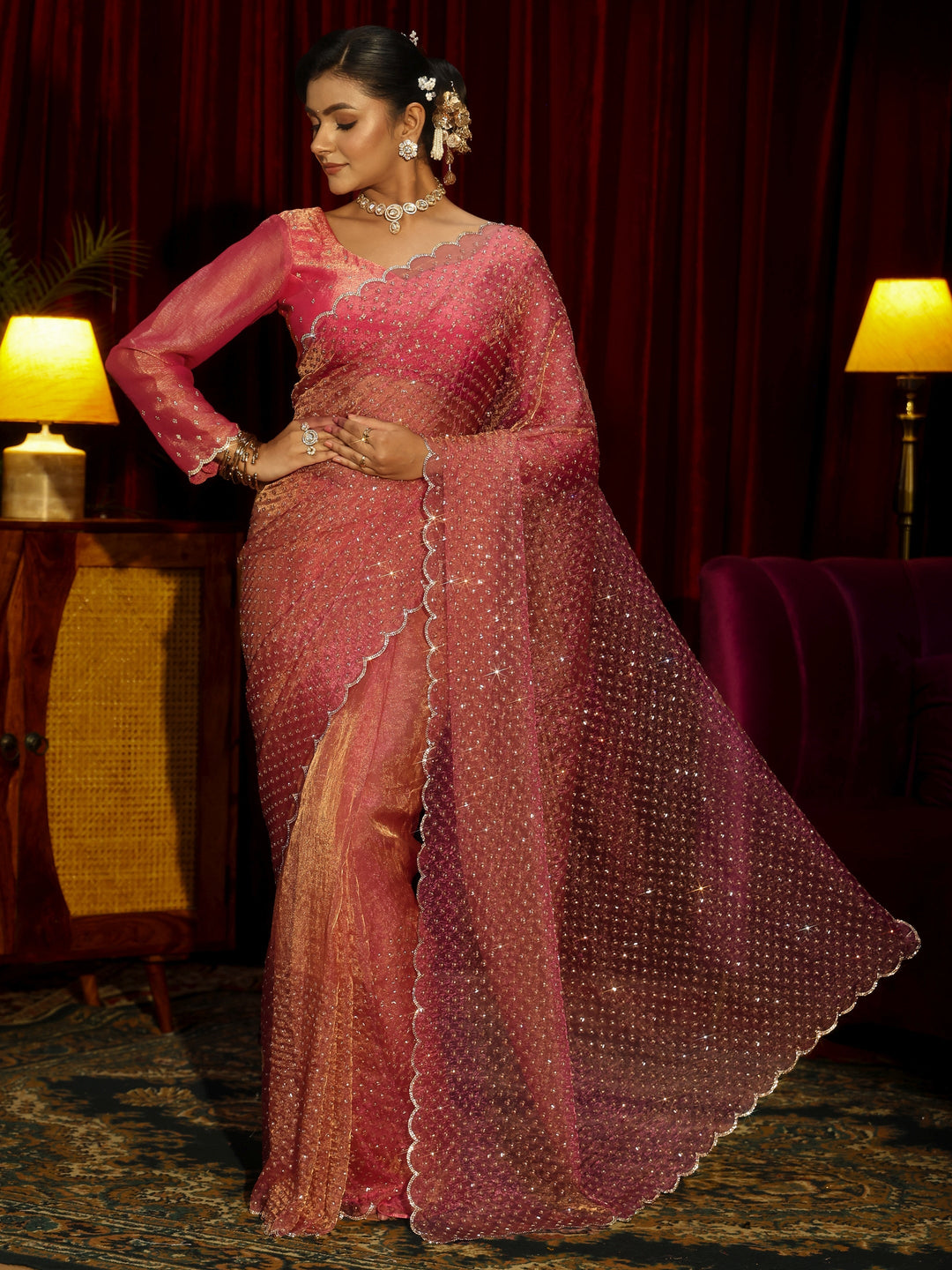 Libas Art Pink Embellished Tissue Saree