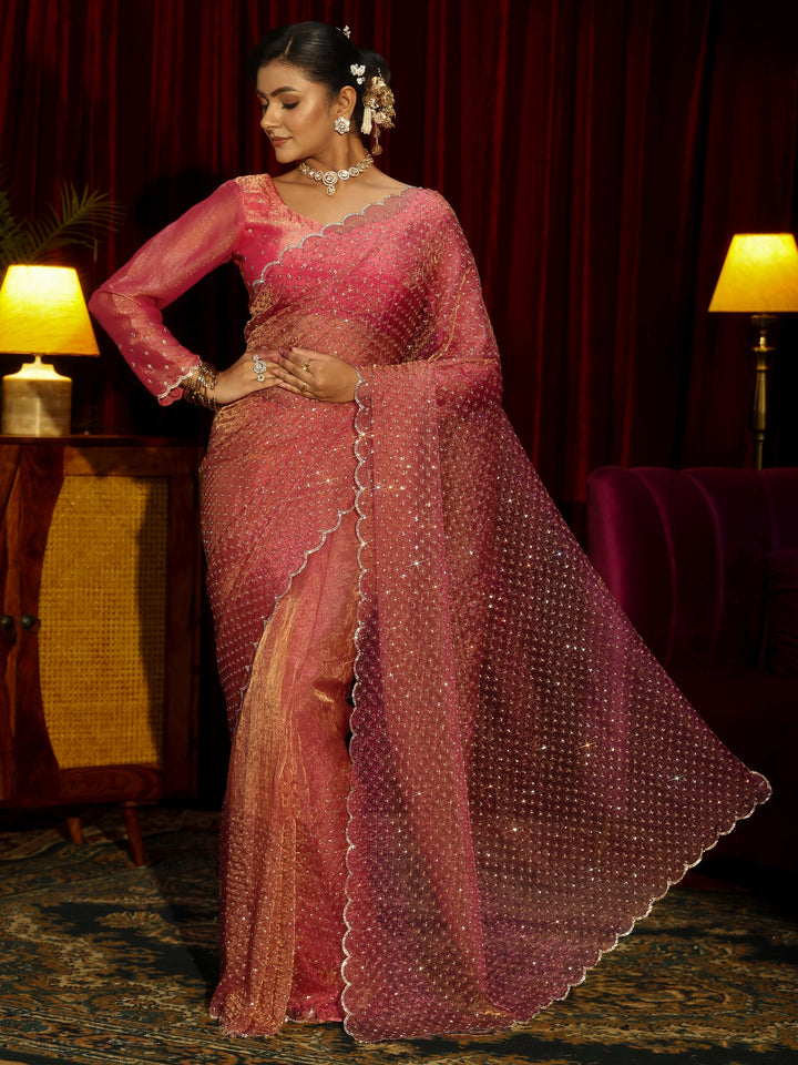 Libas Art Pink Embellished Tissue Saree