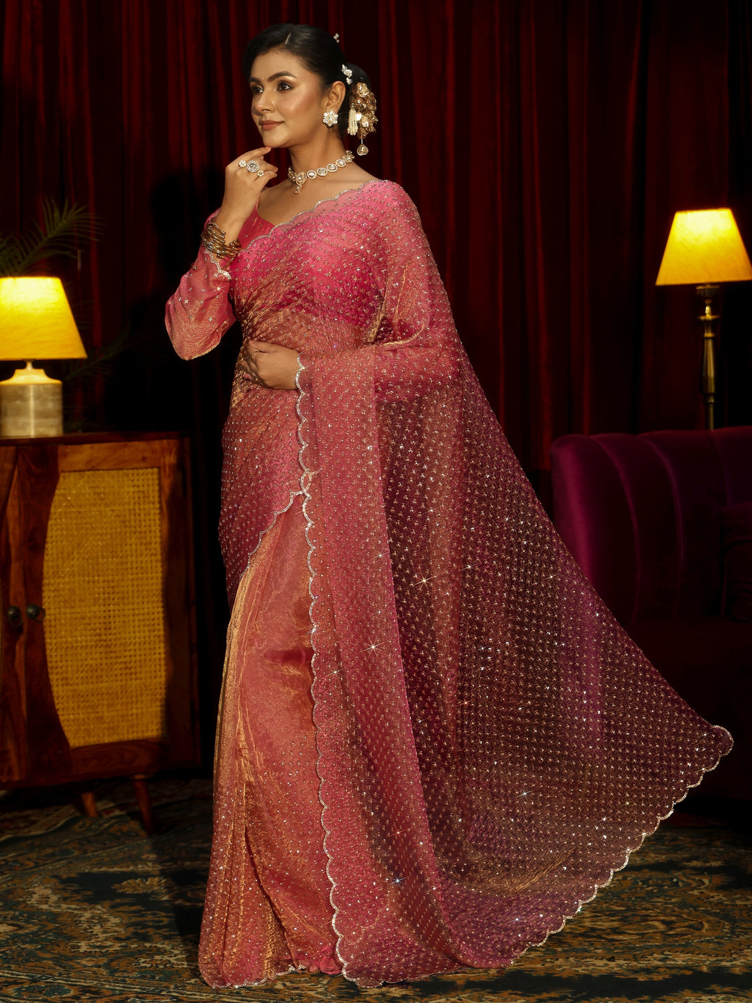 Libas Art Pink Embellished Tissue Saree