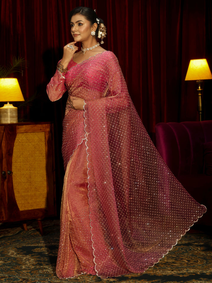 Libas Art Pink Embellished Tissue Saree