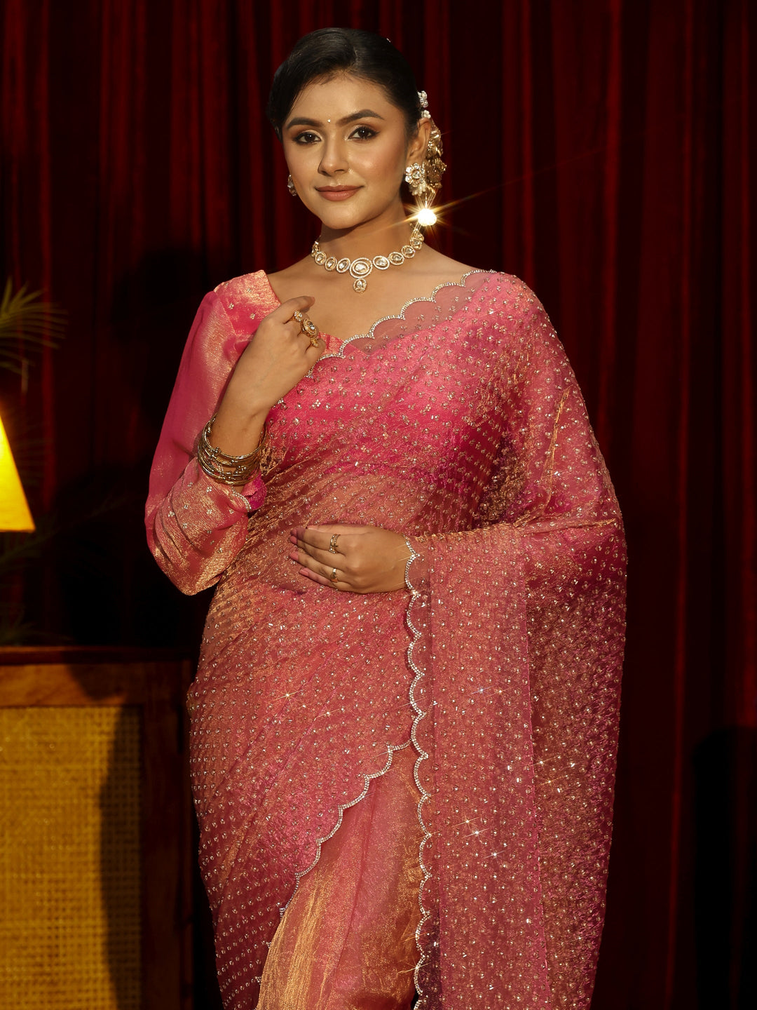 Libas Art Pink Embellished Tissue Saree