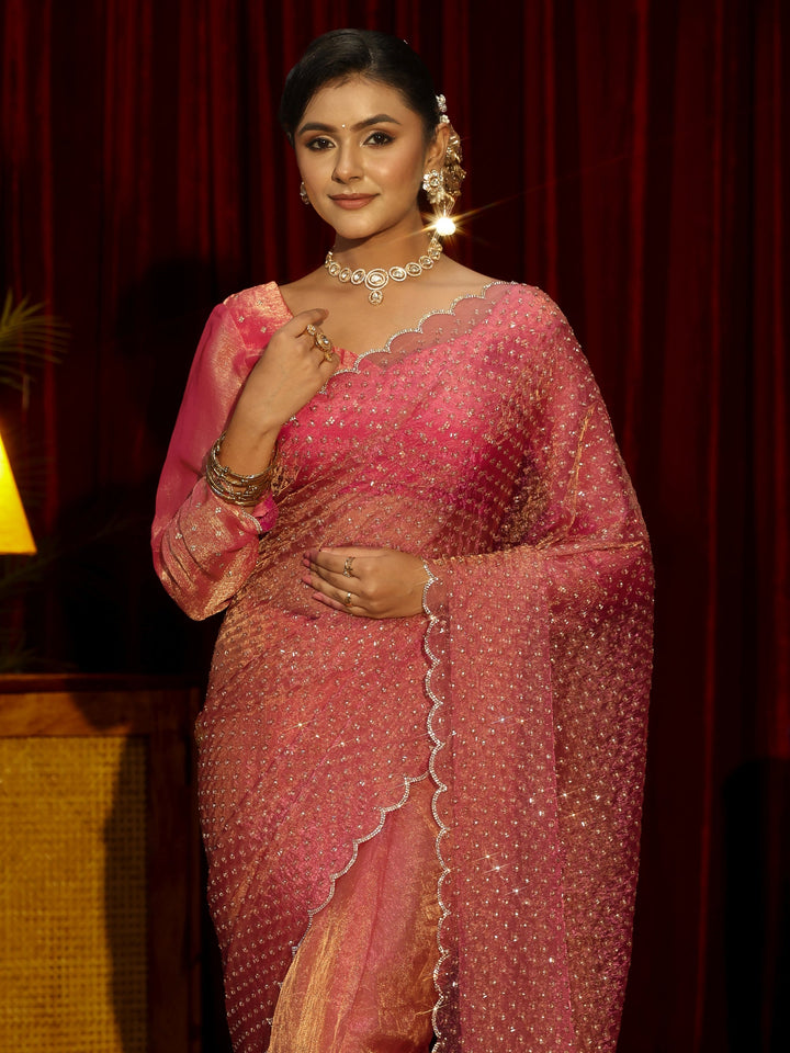 Libas Art Pink Embellished Tissue Saree