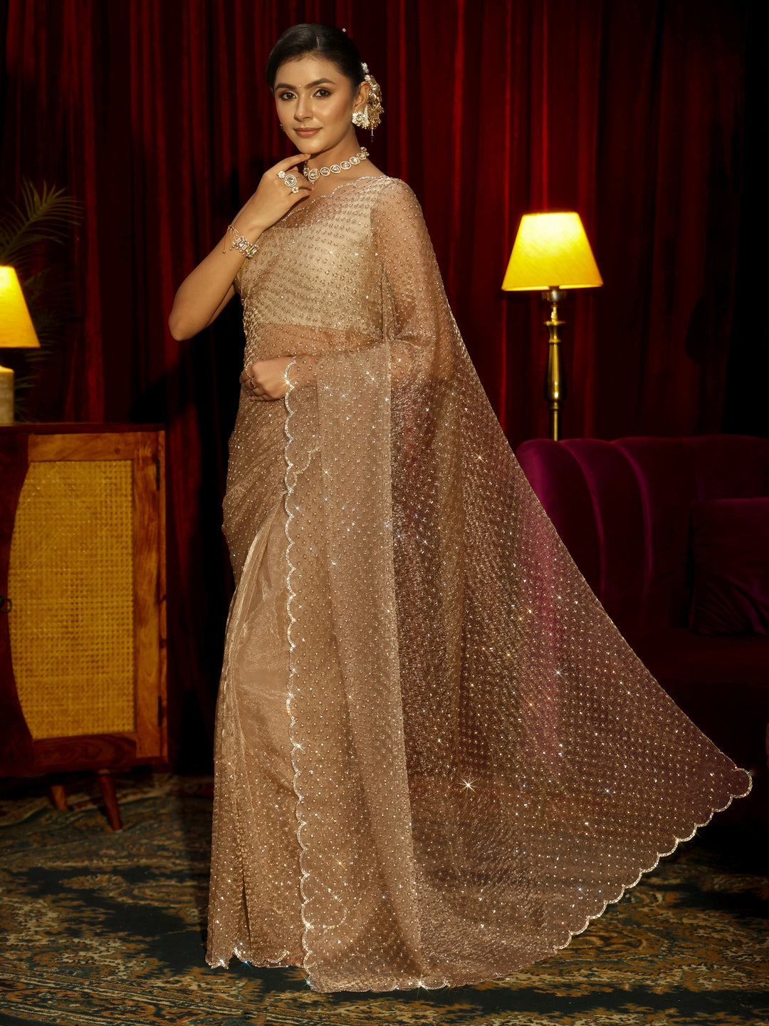 Libas Art Beige Embellished Tissue Saree