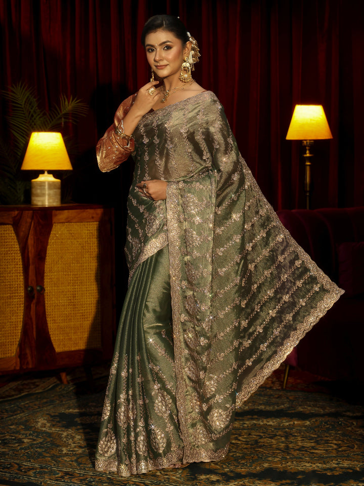 Libas Art Green Embroidered Tissue Saree