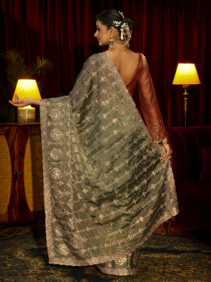 Libas Art Green Embroidered Tissue Saree