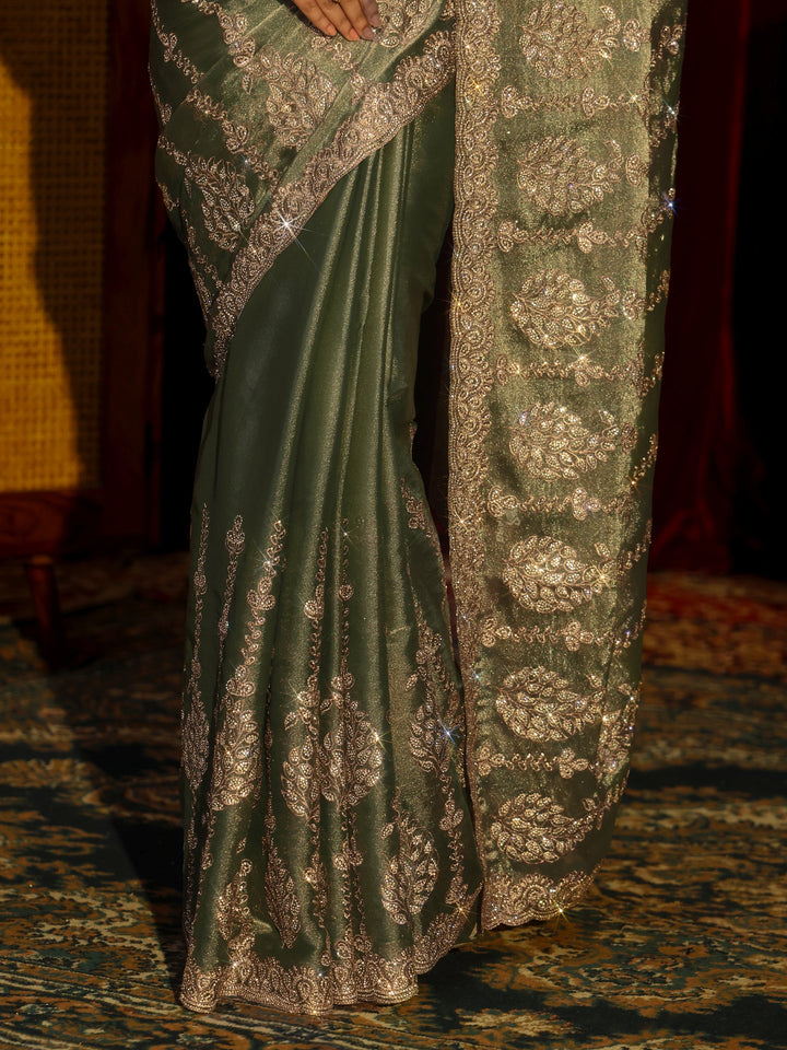 Libas Art Green Embroidered Tissue Saree
