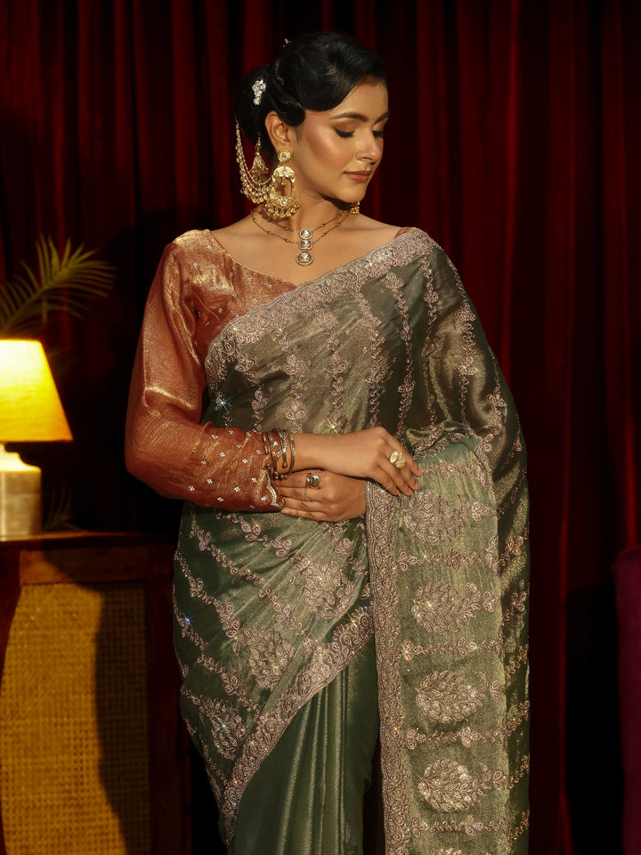 Libas Art Green Embroidered Tissue Saree