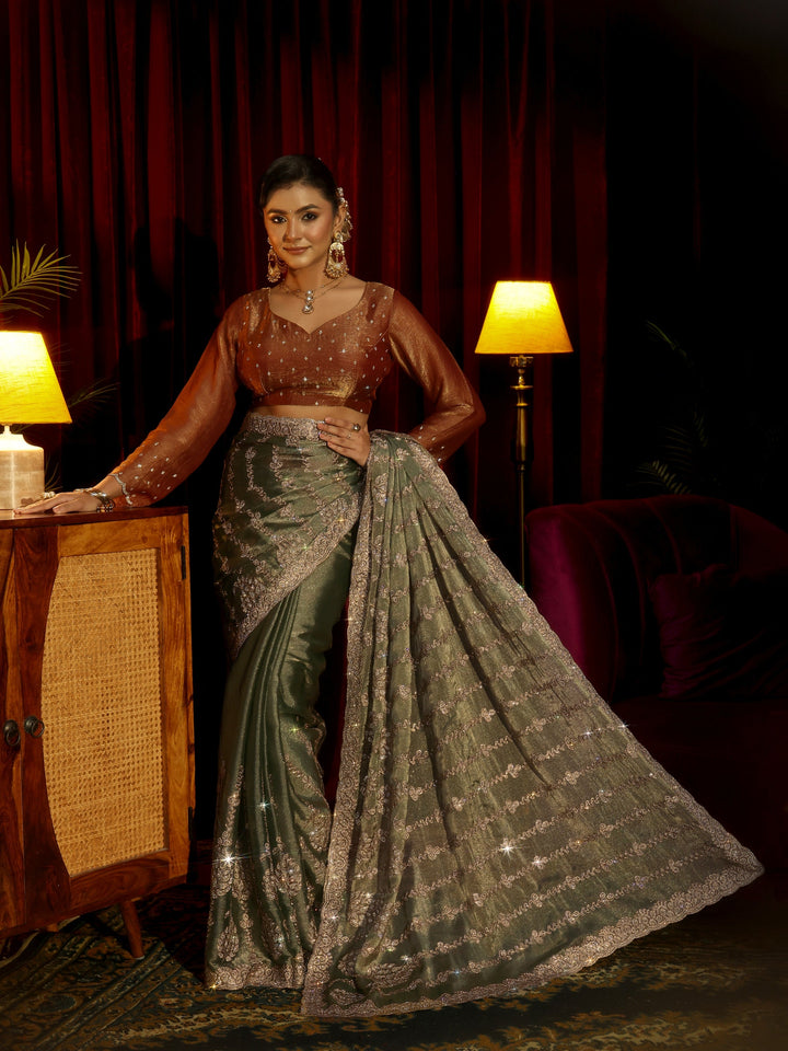 Libas Art Green Embroidered Tissue Saree