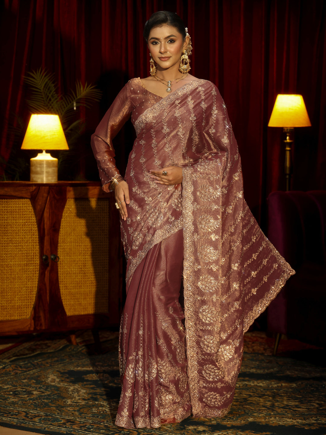 Libas Art Mauve Embroidered Tissue Saree