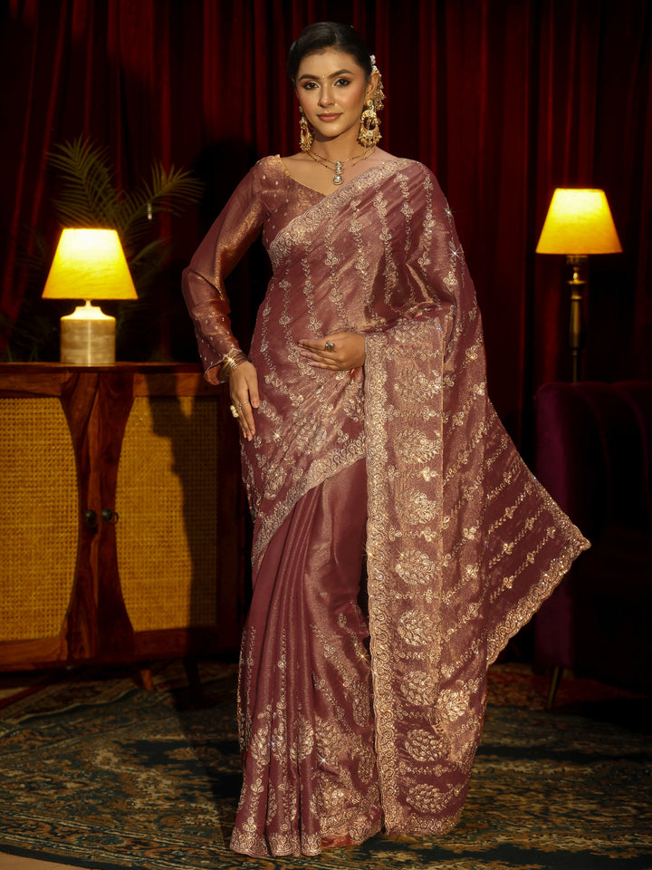 Libas Art Mauve Embroidered Tissue Saree