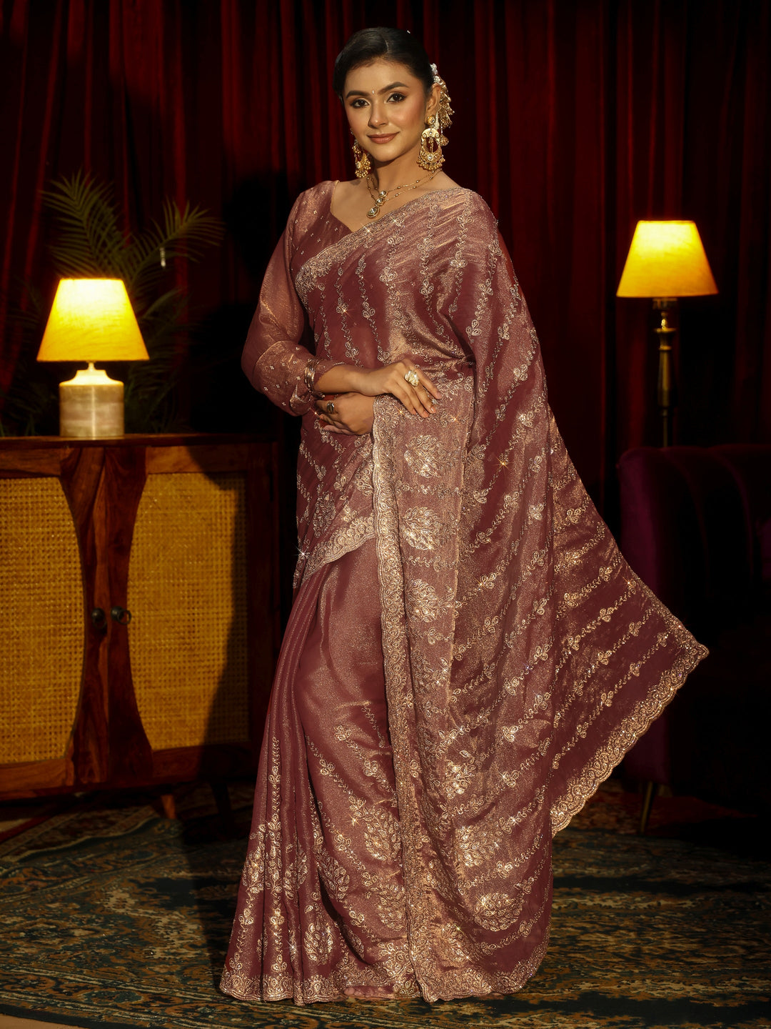 Libas Art Mauve Embroidered Tissue Saree