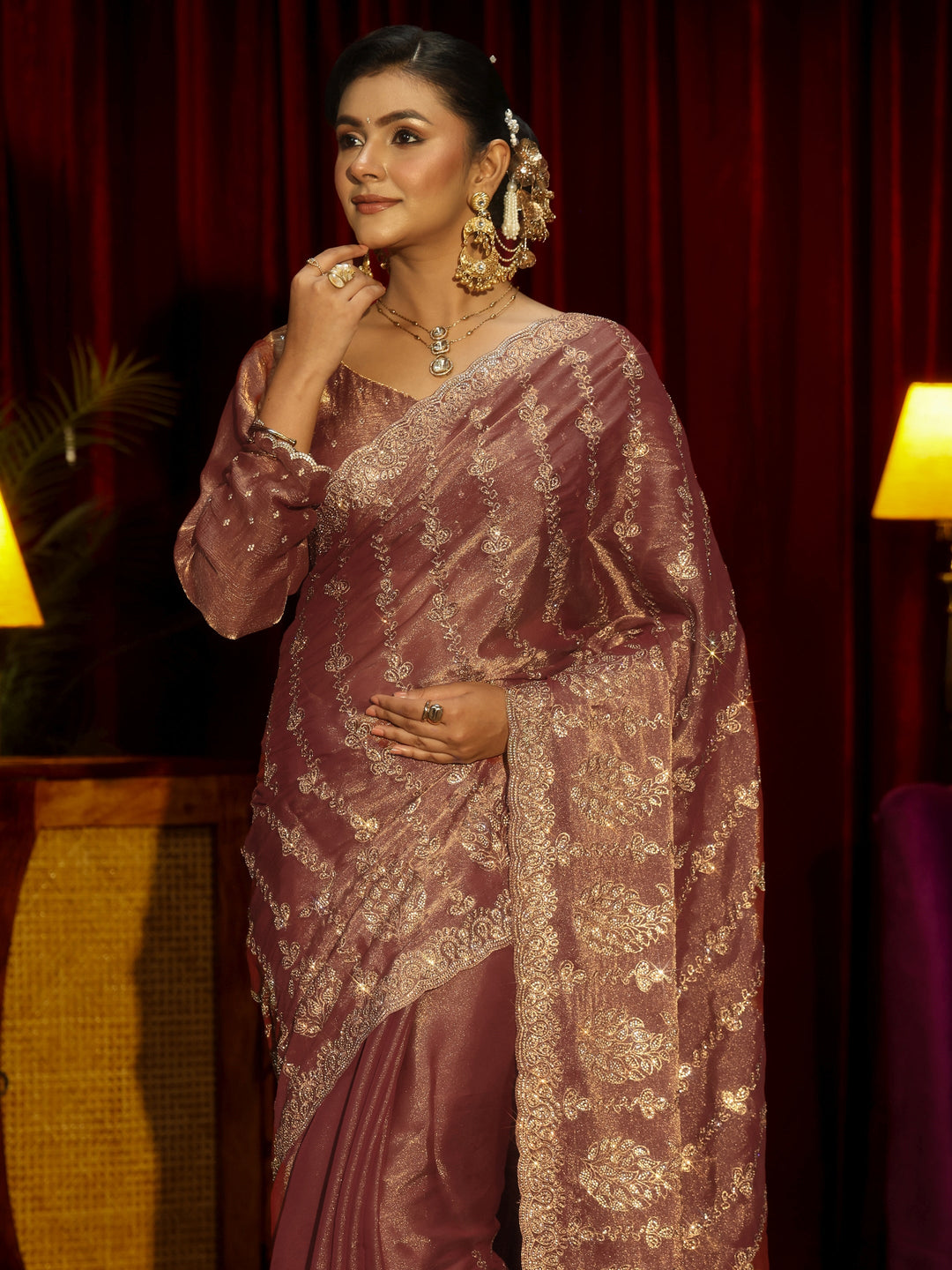 Libas Art Mauve Embroidered Tissue Saree