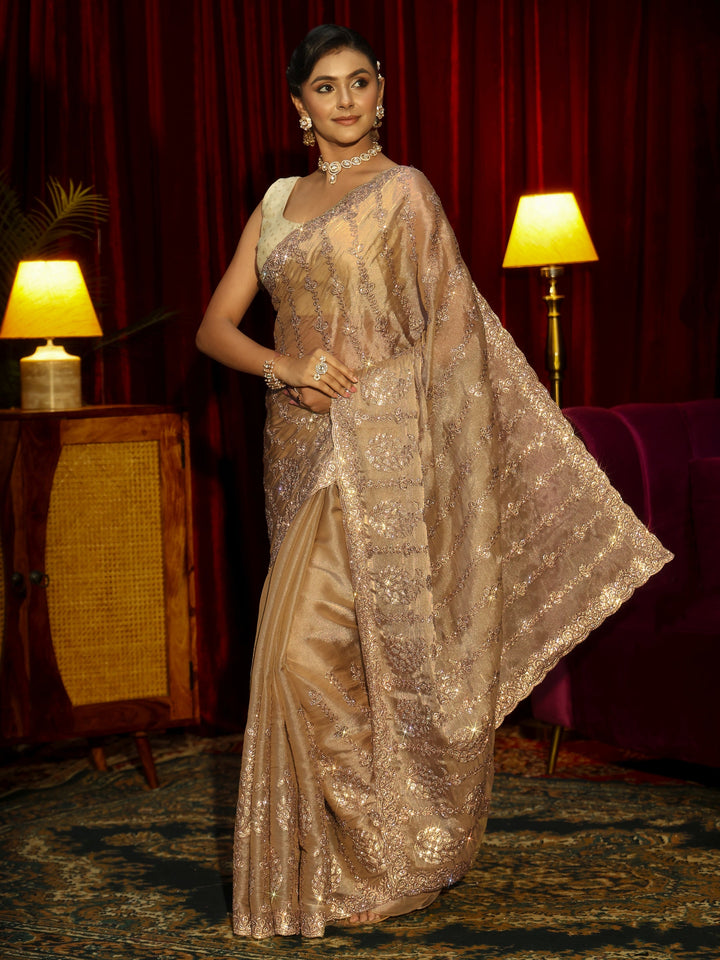 Libas Art Taupe Embellished Tissue Saree