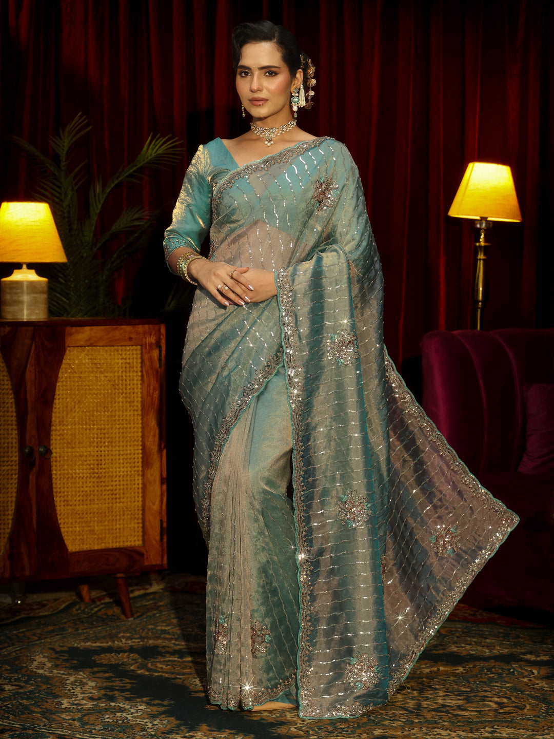 Libas Art Blue Embellished Tissue Saree