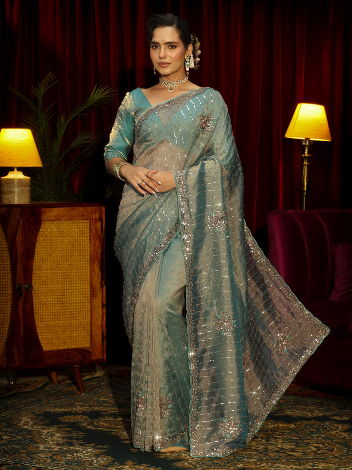 Libas Art Blue Embellished Tissue Saree