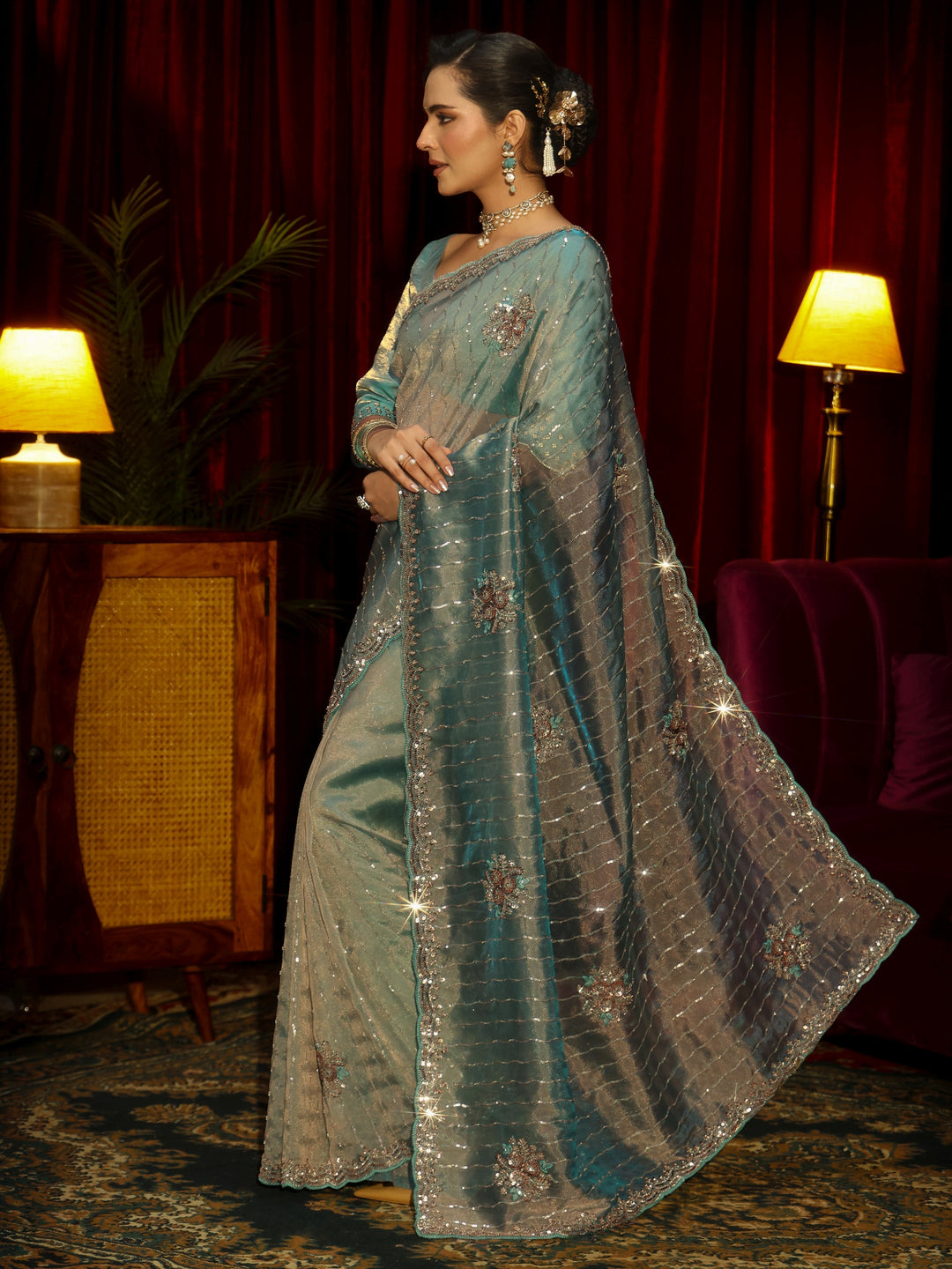 Libas Art Blue Embellished Tissue Saree
