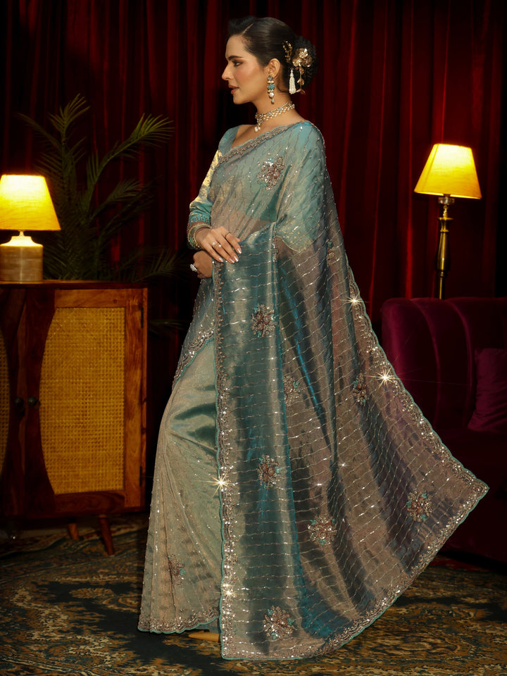 Libas Art Blue Embellished Tissue Saree