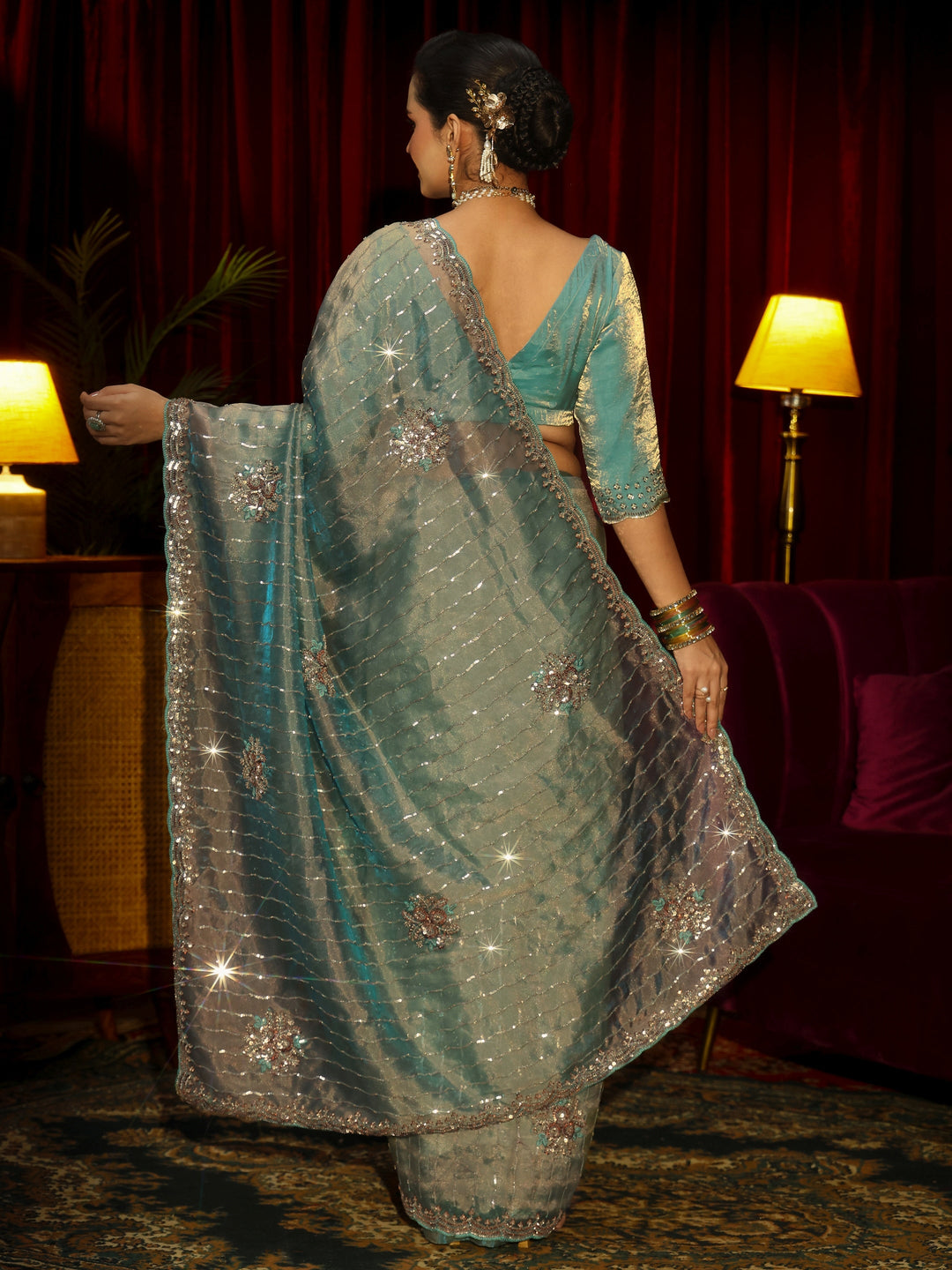 Libas Art Blue Embellished Tissue Saree